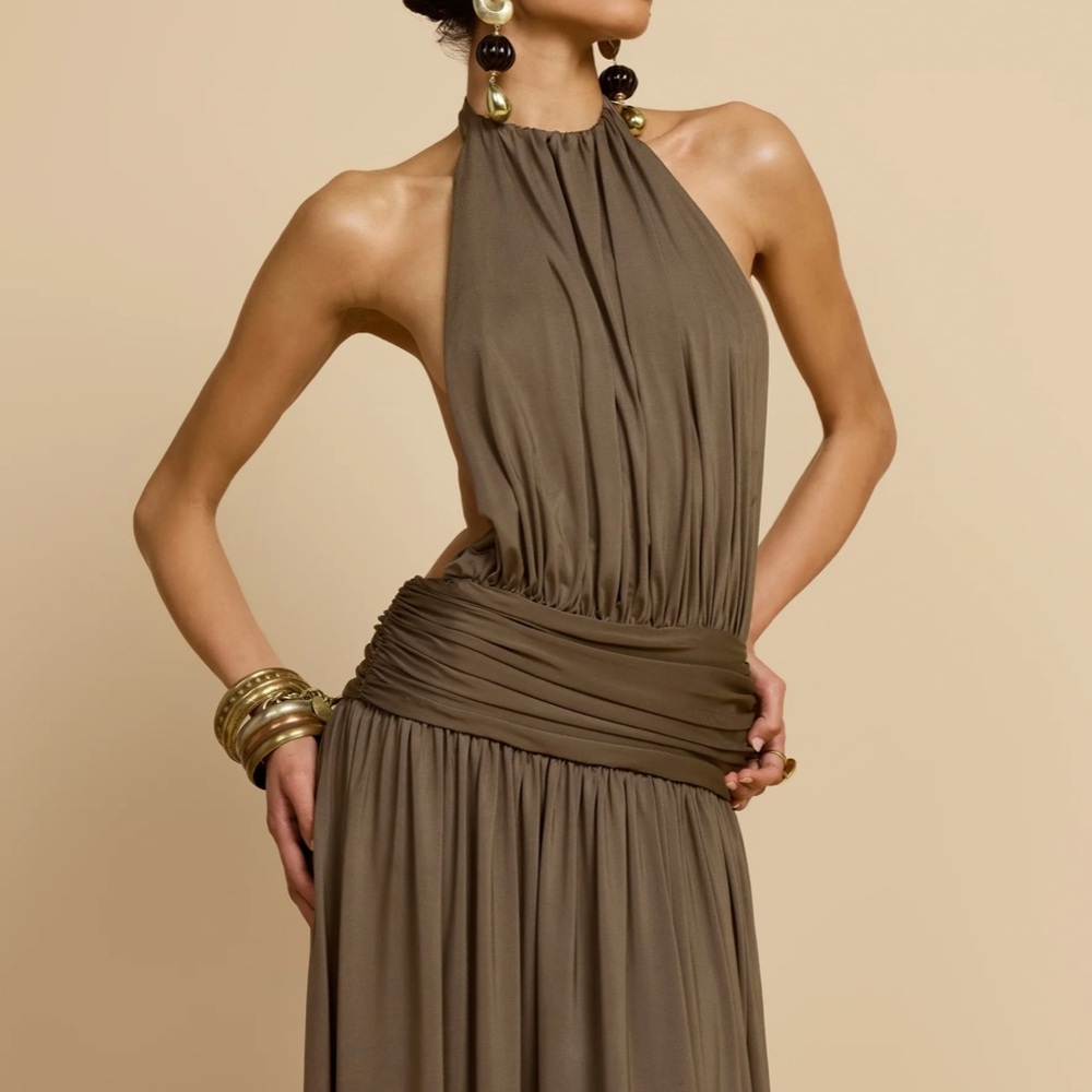 Halter Neck Maxi Dress in Olive Brown - Picture 3 of 6